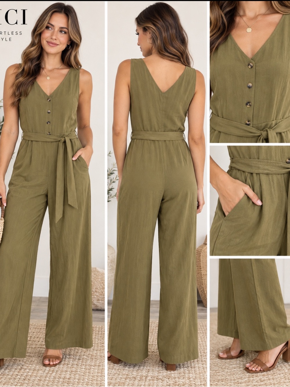 VICI Women’s Olive Green Belted Button Front Jumpsuit Size Medium